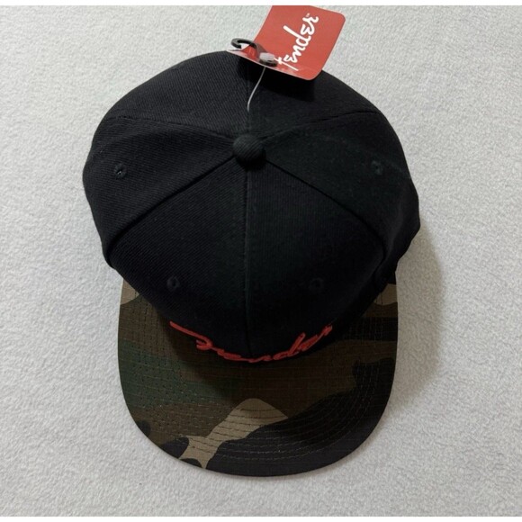 Fender Guitars Spaghetti Logo Black and Camo Flatbill Snapback Hat Cap NWT - Picture 2 of 10